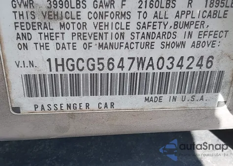 1998 Honda Accord Lx from USA, damaged, VIN 1HGCG5647WA034246